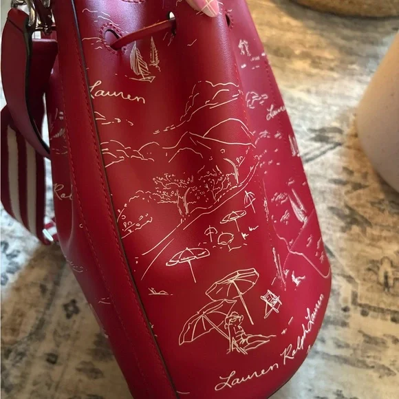 Ralph Lauren Andie drawstring bucket bag red andie 19 sailboats - Picture 10 of 13